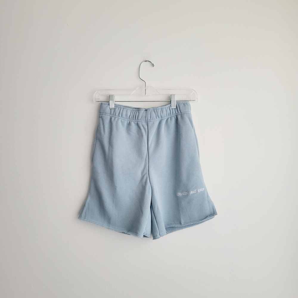 NWT NIA THE BRAND Light Blue Embroidered Self Care Fleece Jogger Active Shorts